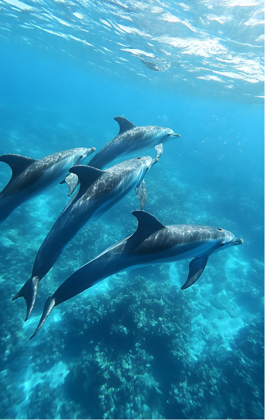 Pod of dolphins swimming together underwater.