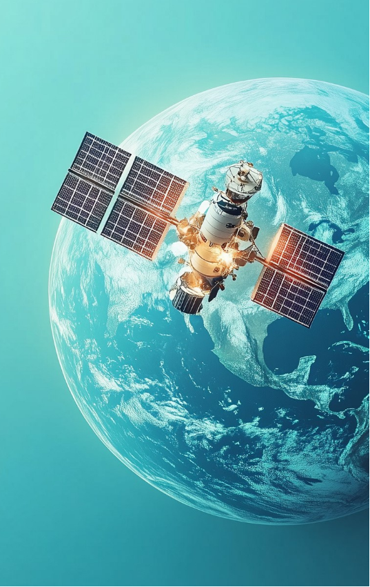 Satellite orbiting Earth against a blue atmosphere.